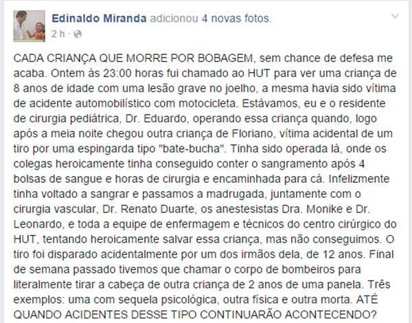 M&eacute;dico posta caso em rede social.(Imagem:Reprodu&ccedil;&atilde;o/Facebook)