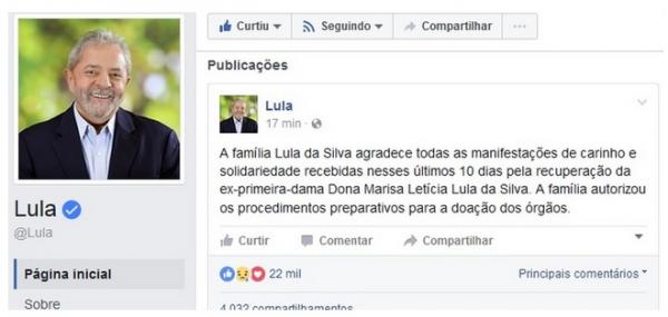 Post no Facebook do ex-presidente Lula sobre o estado de Dona Marisa.(Imagem:Facebook/Reprodu&ccedil;&atilde;o)