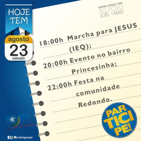 Confira a agenda do candidato Joel Rodrigues para este sábado (23).(Imagem:Reprodução/Facebook)