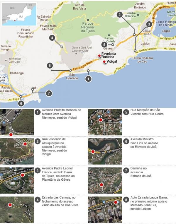 Pontos de bloqueio da Policia Militar - Opera&ccedil;&atilde;o choque de Paz(Imagem:G1/Google Maps)
