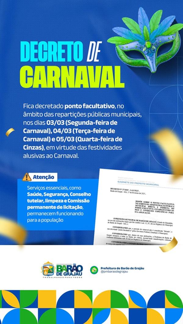 Carnaval 2025: Bar&atilde;o de Graja&uacute; ter&aacute; ponto facultativo nas reparti&ccedil;&otilde;es p&uacute;blicas municipais(Imagem:Divulga&ccedil;&atilde;o)