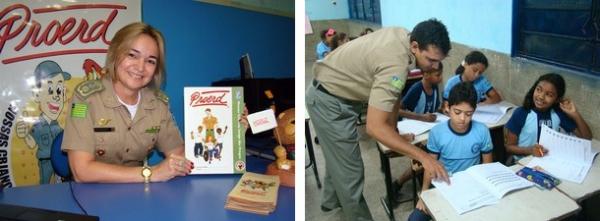 Coordenadora do Proerd, Elizete Lima, mostra material did&aacute;tico do programa. Militar 'professor' ensina os alunos a respoderam as li&ccedil;&otilde;es do Proerd. (Imagem:Gil Oliveira/ G1)