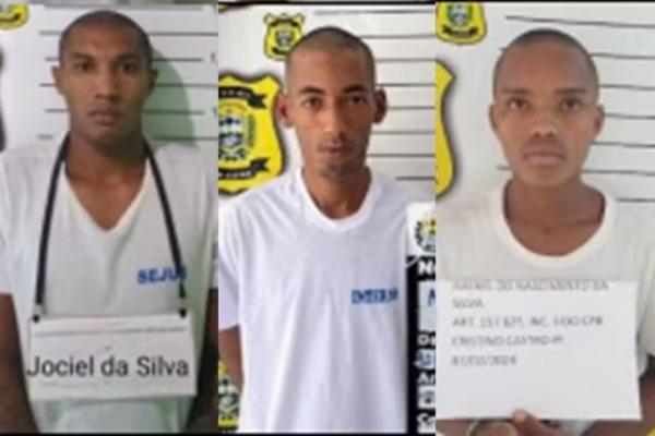 Presos recapturados at&eacute; a manh&atilde; desta ter&ccedil;a (20): Jociel da Silva, Anderson da Costa e Rafael do Nascimento da Silva.(Imagem:Reprodu&ccedil;&atilde;o/Sejus)