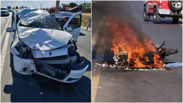 Ve&iacute;culo e moto colidiram na BR-316 e ficaram destru&iacute;dos.(Imagem: Redes Sociais)