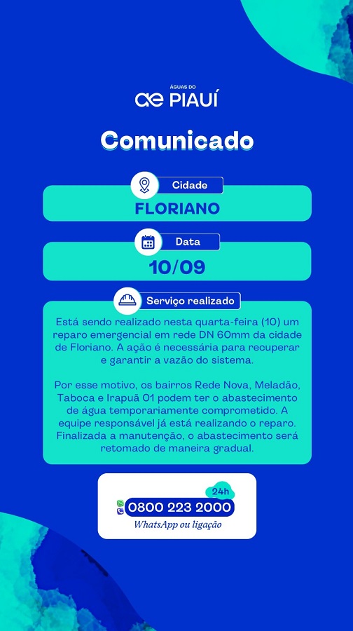 Águas do Piauí realiza reparo emergencial em Floriano; alguns bairros têm abastecimento afetado