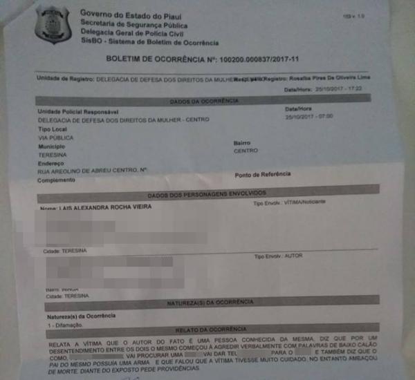  La&iacute;s registrou boletim de ocorr&ecirc;ncia por medo das amea&ccedil;as.(Imagem:La&iacute;s Rocha/Arquivo pessoal)