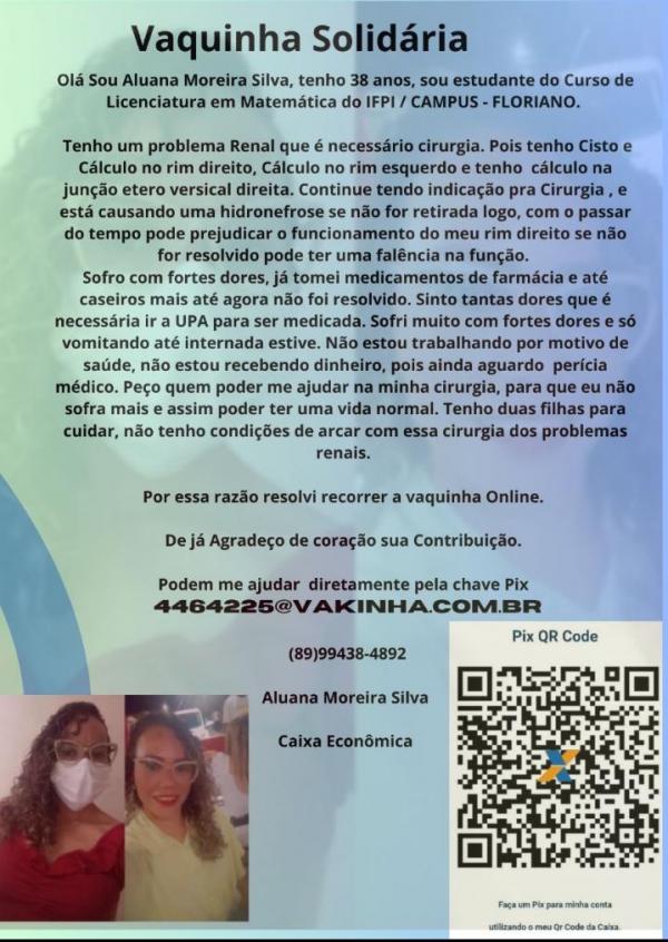 Vaquinha solid&aacute;ria: Floriano se mobiliza para ajudar Aluana Moreira em tratamento m&eacute;dico emergencial.(Imagem:Divulga&ccedil;&atilde;o)