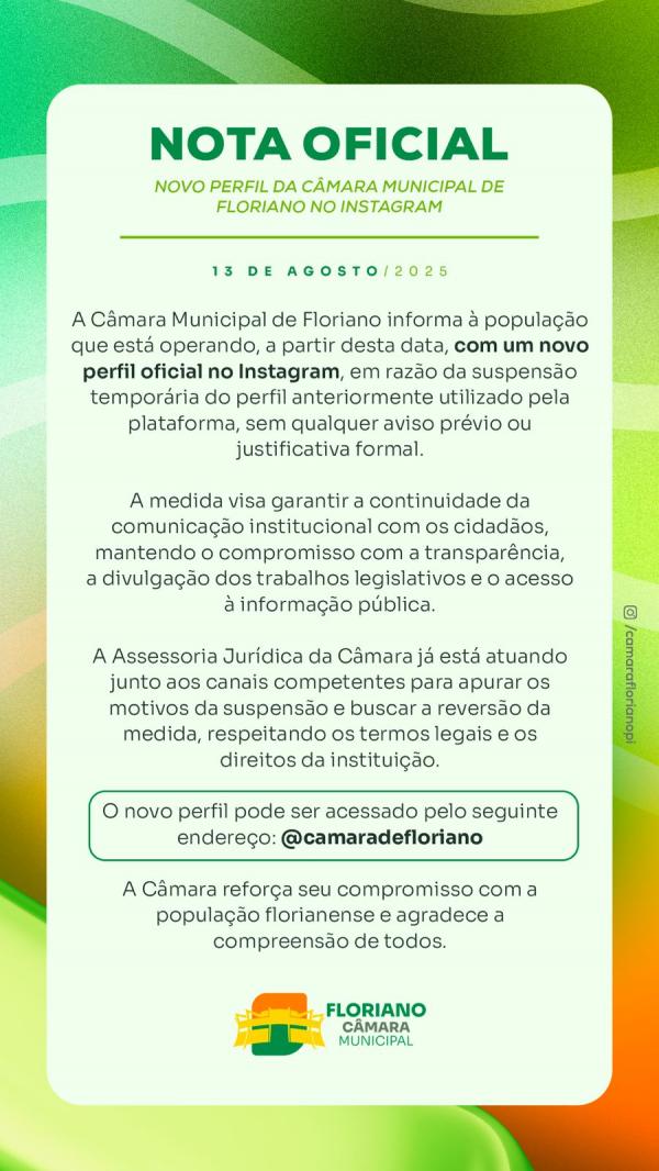 C&acirc;mara Municipal de Floriano anuncia novo perfil oficial no Instagram ap&oacute;s suspens&atilde;o do anterior(Imagem:CMF)