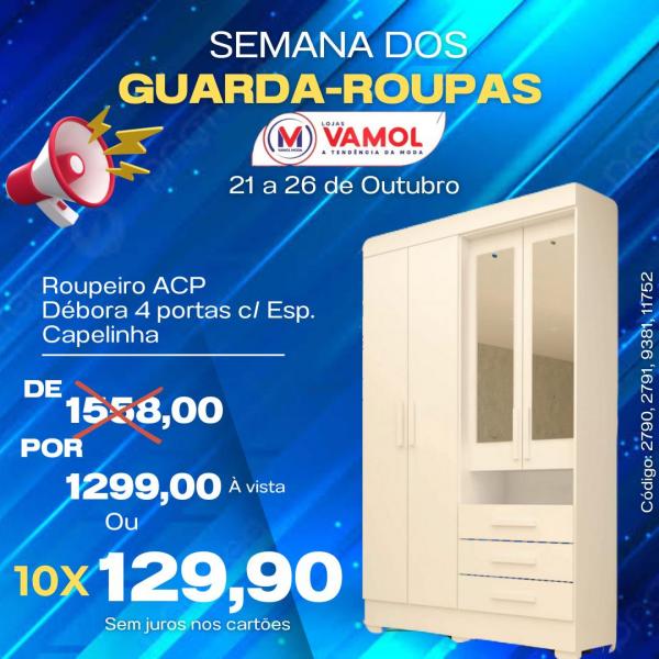 Roupeiro ACP Deb&oacute;ra 4 portas com espelho: de R$ 1.558,00 por R$ 1.299,00.(Imagem:Divulga&ccedil;&atilde;o)