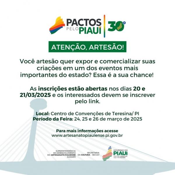 Artesãos podem se inscrever para Feira de Artesanato que será realizada durante o Pactos pelo Piauí