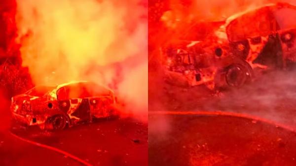 Carro é destruído por incêndio após batida com outro na Zona Sul de Teresina