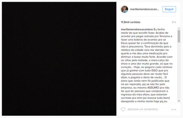 Com suspeita de pneumonia, Mar&iacute;lia Mendon&ccedil;a falta a show e p&uacute;blico incendeia palco(Imagem:Divulga&ccedil;&atilde;o)