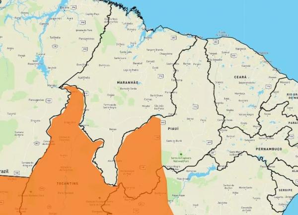 O Inmet emitiu alerta laranja (perigo) para as regi&otilde;es Sul e Sudoeste do Piau&iacute;, por risco de chuvas intensas e acumulado de chuva em diversas cidades.(Imagem:Reprodu&ccedil;&atilde;o/Inmet )