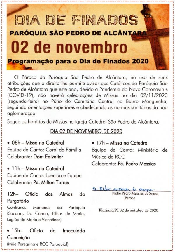 Catedral Diocesana S&atilde;o Pedro de Alc&acirc;ntara divulga programa&ccedil;&atilde;o para o Dia de Finados.(Imagem:Divulga&ccedil;&atilde;o)
