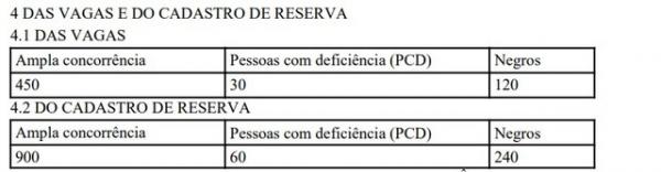 Divis&atilde;o de vagas de concurso da PCDF.(Imagem: Reprodu&ccedil;&atilde;o)