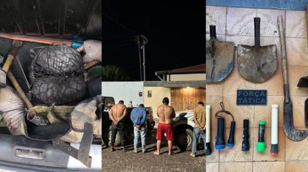 Suspeitos de caça ilegal são conduzidos em cidade do Piauí; flagrados com tatus e foices em carro(Imagem:Polícia Militar)