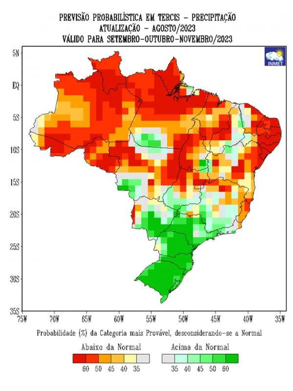 Previs&atilde;o probabil&iacute;stica de chuva at&eacute; novembro de 2023.(Imagem: Inmet)