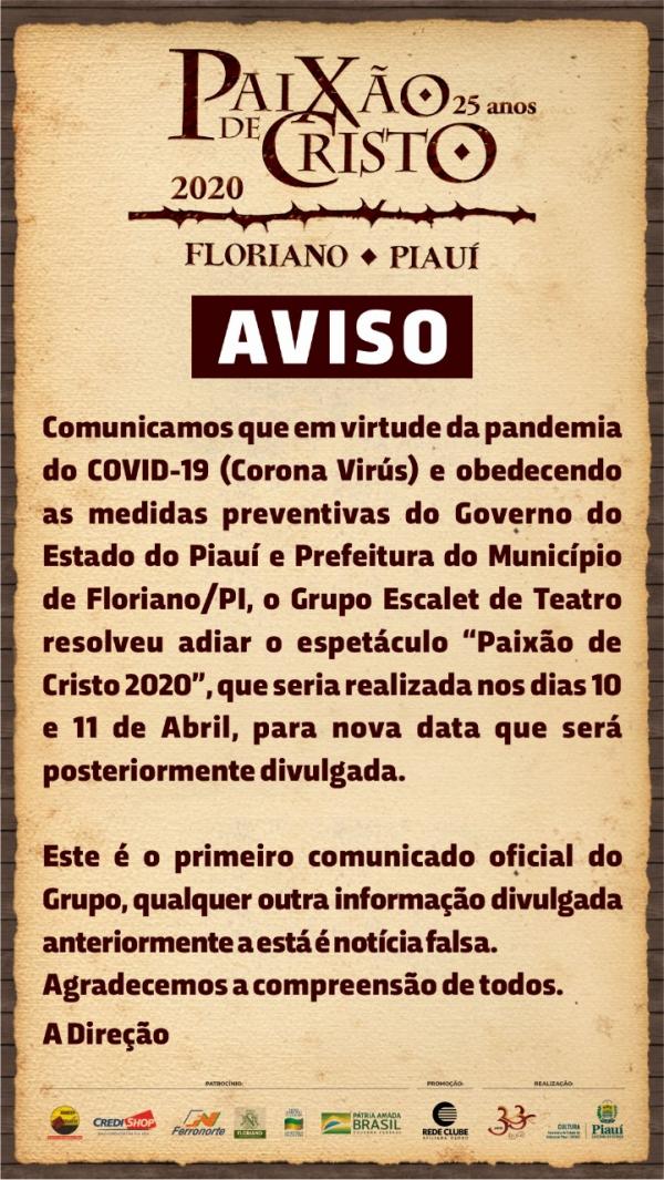  Encena&ccedil;&atilde;o da ?Paix&atilde;o de Cristo? em Floriano &eacute; adiada (Imagem:Divulga&ccedil;&atilde;o)