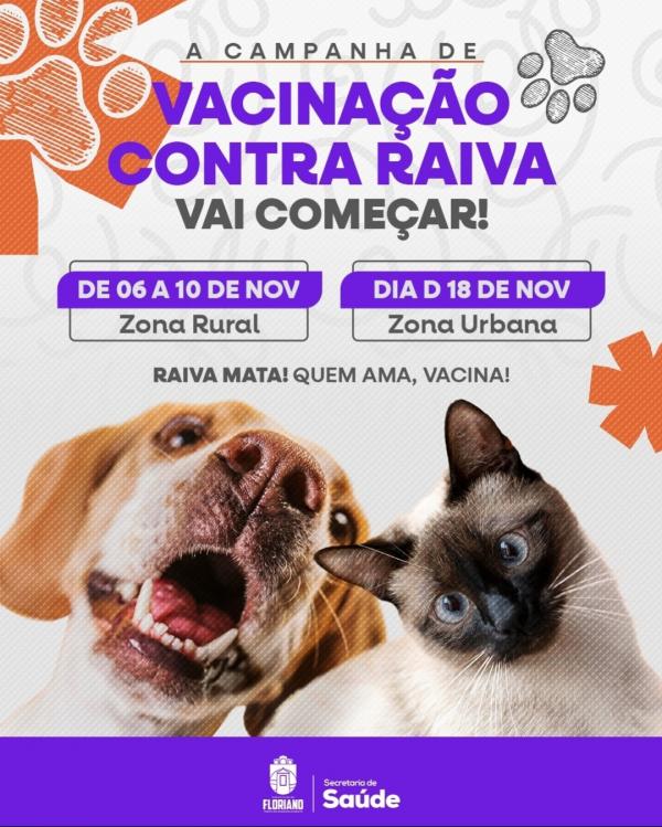 campanha de vacina&ccedil;&atilde;o contra raiva para c&atilde;es e gatos de Floriano ter&aacute; in&iacute;cio na segunda-feira, dia 6 de novembro.(Imagem:Reprodu&ccedil;&atilde;o/Instagram)