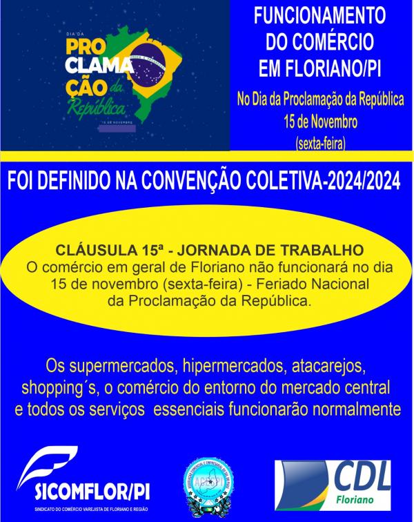  SICOMFLOR divulga o funcionamento do com&eacute;rcio em Floriano nos feriados de novembro.(Imagem:Divulga&ccedil;&atilde;o)