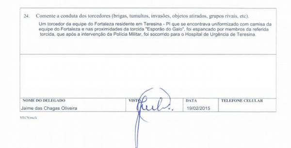 Trecho do relat&oacute;rio da partida que descreve agress&atilde;o.(Imagem:Reprodu&ccedil;&atilde;o/CBF)