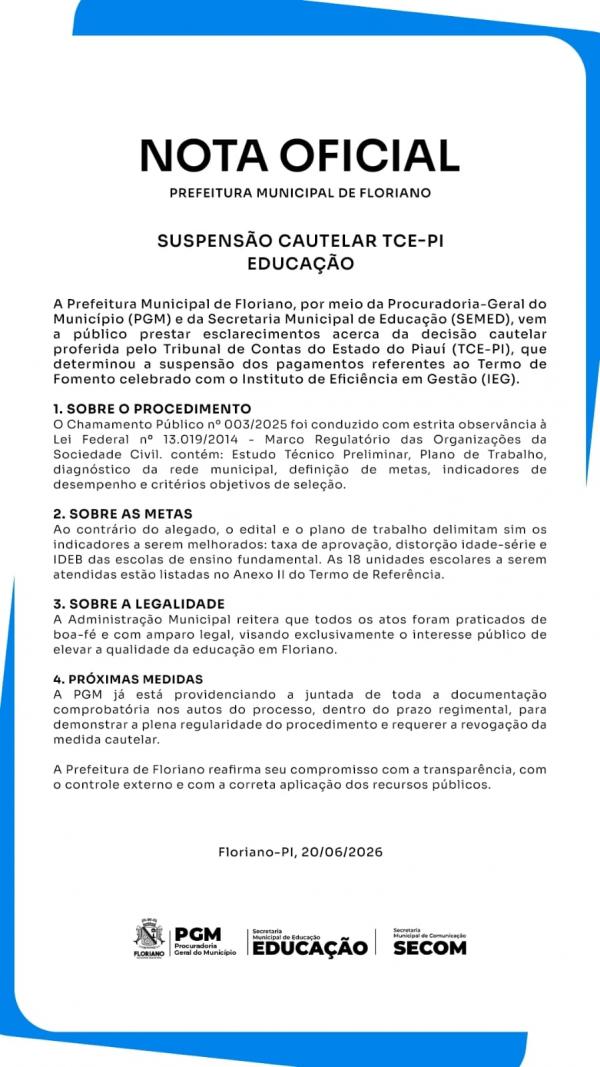Prefeitura de Floriano esclarece decisão cautelar do TCE-PI sobre termo de fomento na Educação.(Imagem:Secom)