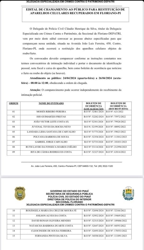 Pol&iacute;cia Civil de Floriano restitui 15 aparelhos celulares roubados e furtados aos leg&iacute;timos propriet&aacute;rios.(Imagem:Divulga&ccedil;&atilde;o)