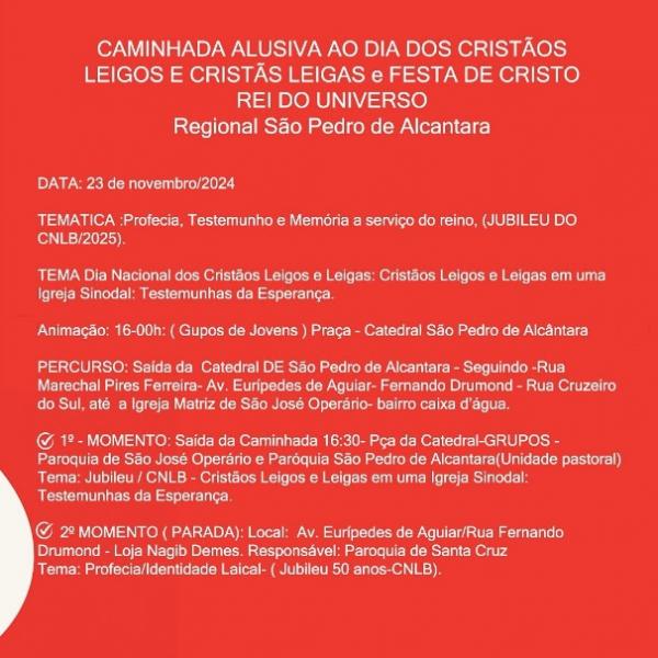 Diocese de Floriano realizará caminhada em celebração ao Dia dos Leigos e à Festa de Cristo Rei do Universo.(Imagem:Reprodução/Instagram)