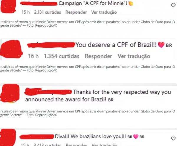 Brasileiros invadem perfil de Minnie Driver para elogiar anúncio de Globo de Ouro a O Agente Secreto(Imagem:Reprodução)
