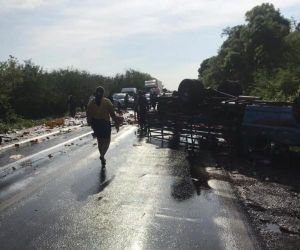 Caminhão baú tomba e espalha carga no canteiro central da BR-316
