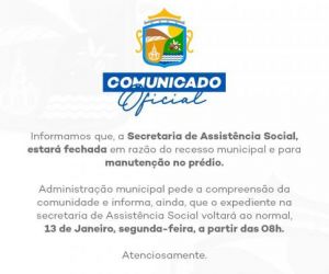 Prefeitura de Barão de Grajaú anuncia recesso e manutenção na Secretaria de Assistência Social