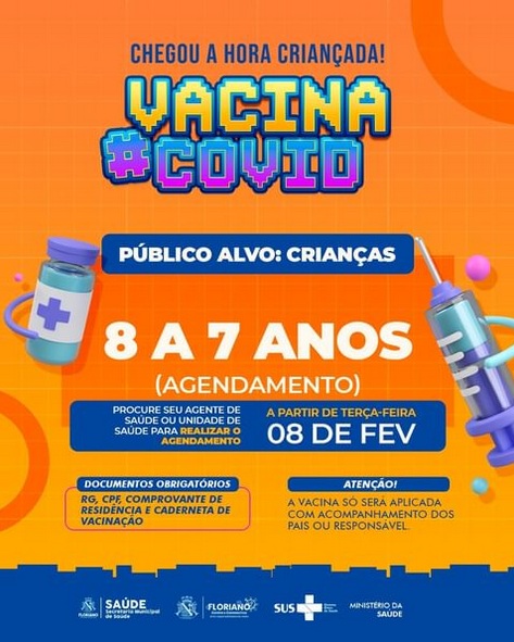 Saúde inicia agendamento da vacina contra Covid-19 para crianças com idade de 8 a 7 anos
