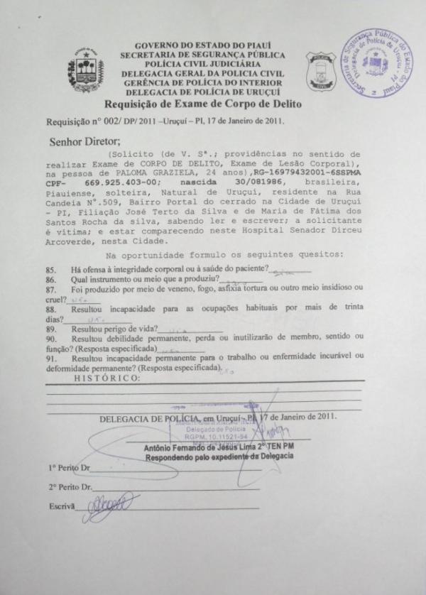 Exame de corpo e delito de Paloma Graziela.(Imagem:Noticias de Uru&ccedil;ui)
