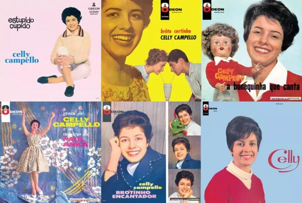 Capas dos seis &aacute;lbuns lan&ccedil;ados por Celly Campello entre 1959 e 1968.(Imagem: Reprodu&ccedil;&atilde;o / Montagem Mauro Ferreira )