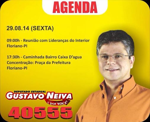 Agenda do candidato Gustavo Neiva deste sábado não foi informada