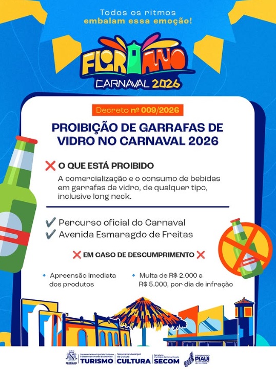 Carnaval 2026 em Floriano terá proibição de garrafas de vidro para garantir mais segurança