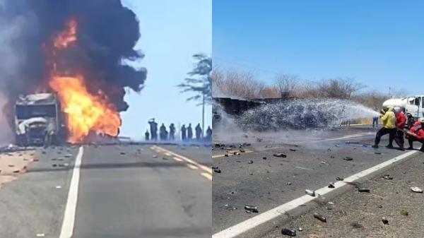 Inc&ecirc;ndio em caminh&atilde;o carregado com cilindros hospitalares causa interdi&ccedil;&atilde;o de trecho da BR-316 no PI.(Imagem:Reprodu&ccedil;&atilde;o/PRF)