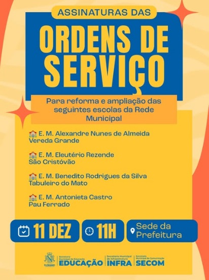 Prefeitura de Floriano assina Ordens de Serviço para reforma e ampliação de escolas municipais