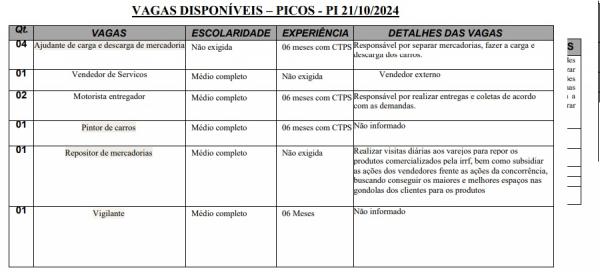 Vagas dispon&iacute;veis para Picos.(Imagem:Sine)