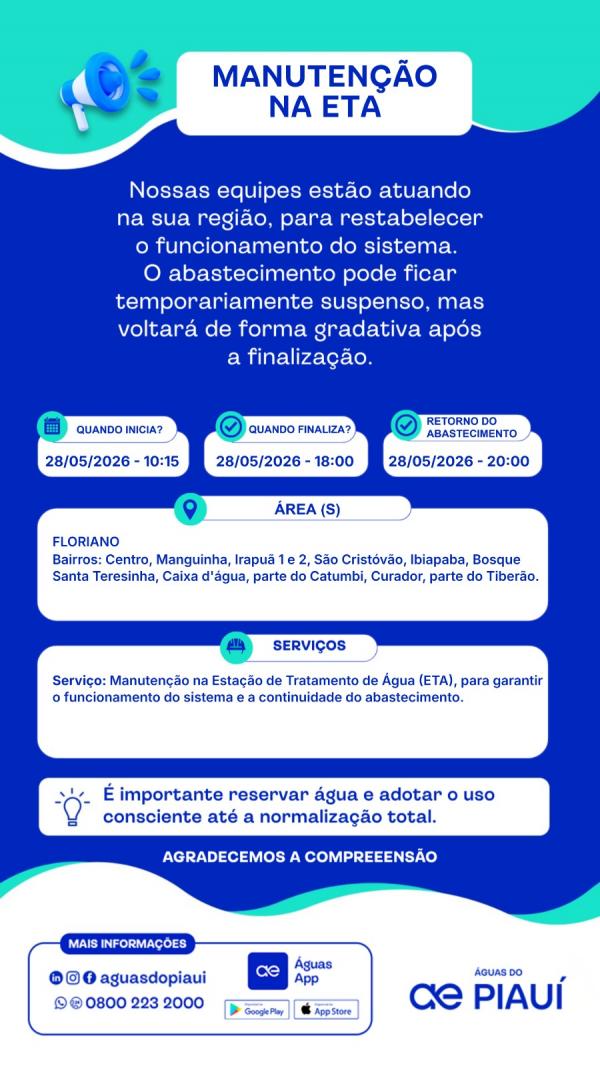 Manuten&ccedil;&atilde;o na ETA pode afetar abastecimento de &aacute;gua em bairros de Floriano nesta quinta-feira.(Imagem:Divulga&ccedil;&atilde;o)
