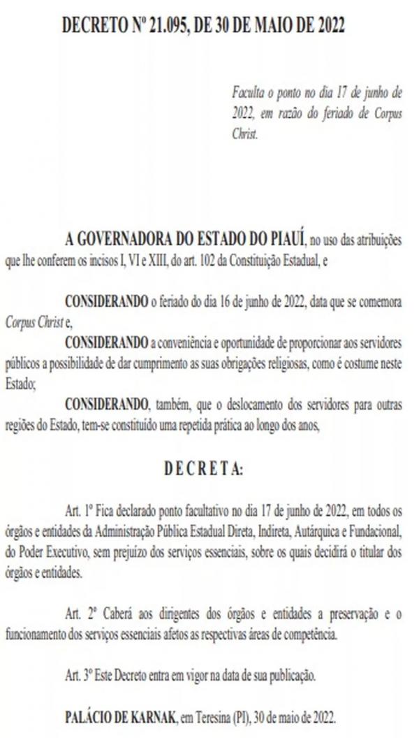  Governo do Piau&iacute; decreta ponto facultativo para reparti&ccedil;&otilde;es estaduais no dia 17 de junho, ap&oacute;s feriado de Corpus Christi.(Imagem:Reprodu&ccedil;&atilde;o )