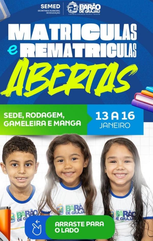 A Secretaria Municipal de Educação (SEMED) de Barão de Grajaú anunciou o início do período de matrículas e rematrículas para o ano letivo de 2026. A ação contempla tanto estudantes(Imagem:Reprodução)