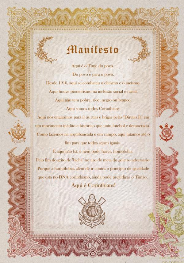 Corinthians lan&ccedil;a manifesto contra homofobia.(Imagem:Divulga&ccedil;&atilde;o)