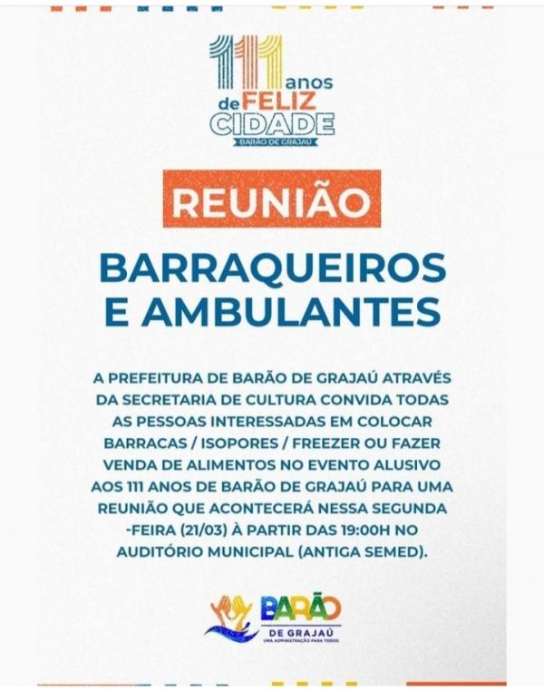 Prefeitura de Bar&atilde;o de Graja&uacute; convoca vendedores ambulantes para reuni&atilde;o(Imagem:Divulga&ccedil;&atilde;o)