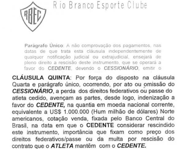 Cl&aacute;usula do contrato que obriga o Flamengo a ressarcir o Tigre em caso de perda dos direitos.(Imagem:Reprodu&ccedil;&atilde;o)