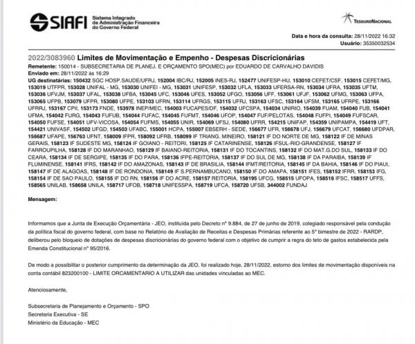  Comunicado do Siafi divulgado por UNE, ANPG e pelo presidente da Andifes.(Imagem:Reprodu&ccedil;&atilde;o/Twitter )