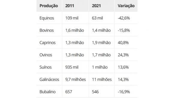 Varia&ccedil;&atilde;o na produ&ccedil;&atilde;o de animais no Piau&iacute; entre 2011 e 2021(Imagem: IBGE)