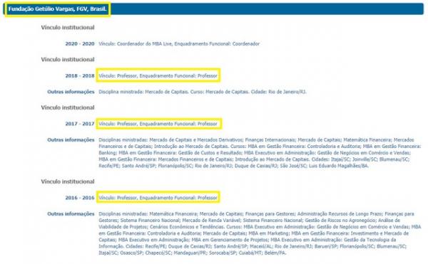 Trecho do curr&iacute;culo de Carlos Alberto Decotelli, em que aparece o v&iacute;nculo como professor da FGV. Segundo a institui&ccedil;&atilde;o, ele foi colaborador.(Imagem:Reprodu&ccedil;&atilde;o/Plataforma Lattes)