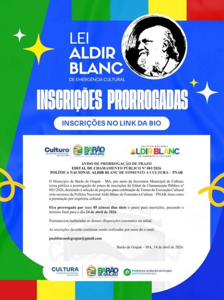 Inscrições da Lei Aldir Blanc são prorrogadas em Barão de Grajaú até 24 de abril