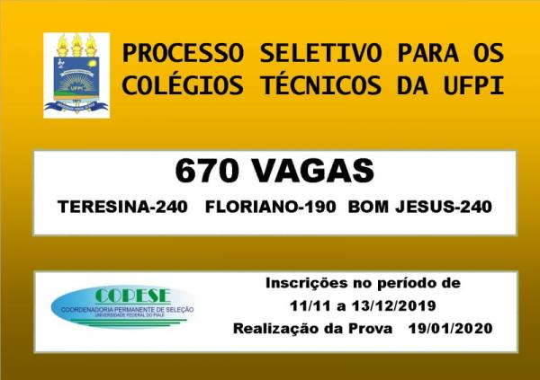 UFPI abre processo seletivo com 670 vagas para colégios técnicos